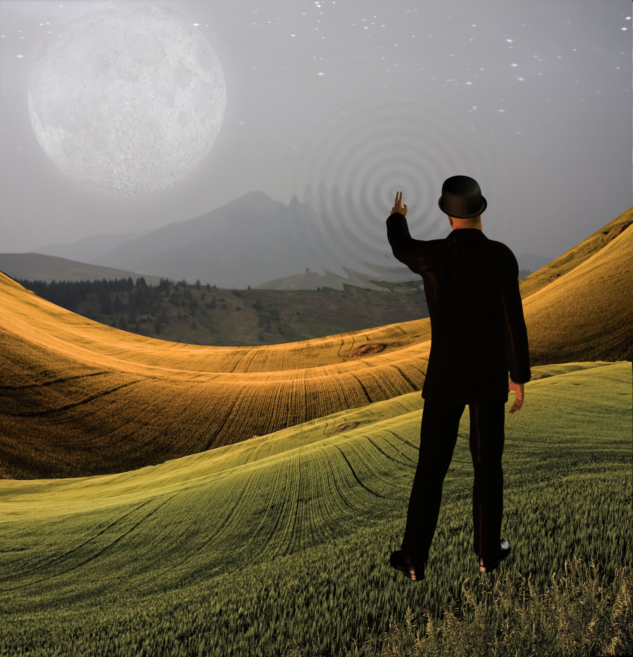 Man touches sky in landscape creting ripples in the scene